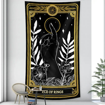 Vintage wheel of fortune tarot witchcraft tapestry featuring a beige decorbites black white tarot witchcraft priestess design