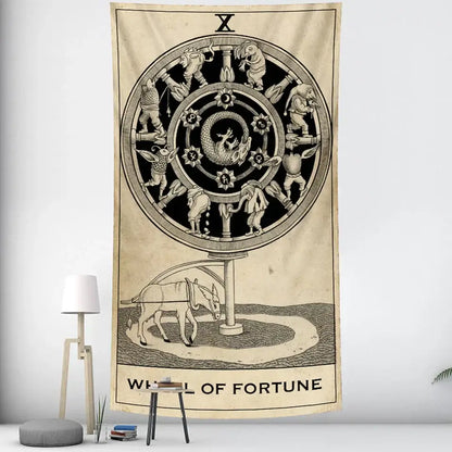 Beige tapestry featuring a black and white vintage wheel of fortune tarot witchcraft design for bedroom wall decor