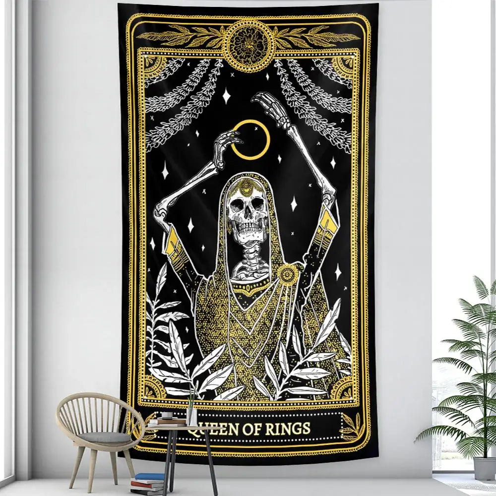 Black and gold vintage wheel of fortune tarot witchcraft tapestry with regal skeleton queen of rings decorbites black design