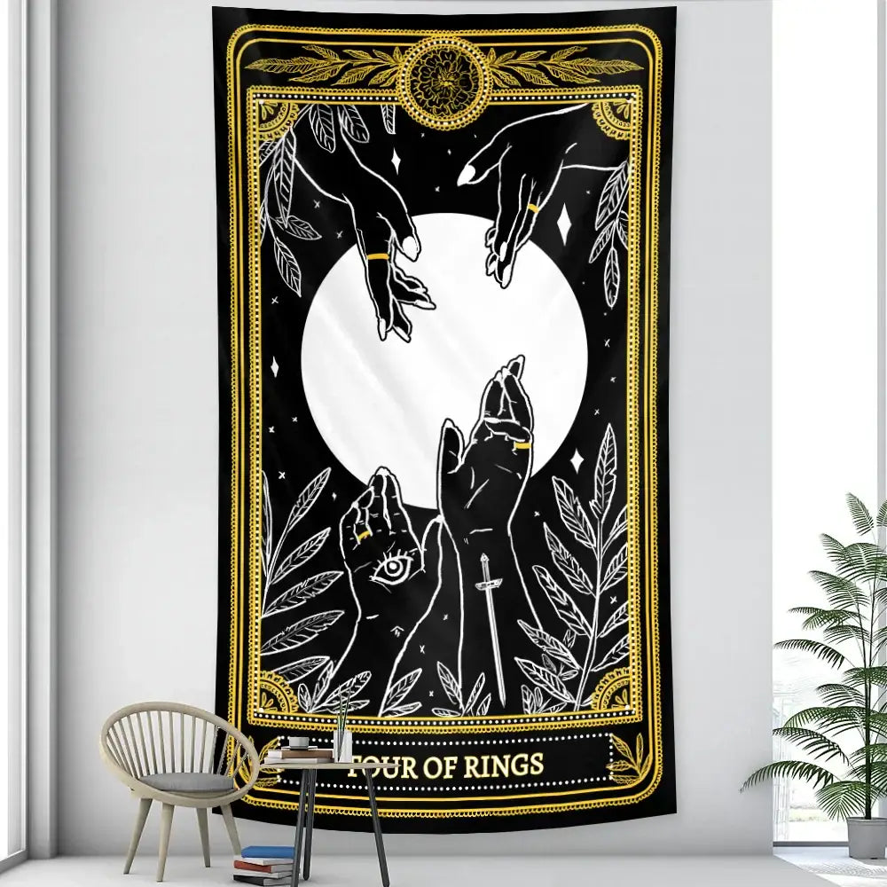 Black and gold vintage tarot witchcraft tapestry with white moon and mystical hands for bedroom wall decorbites black decor