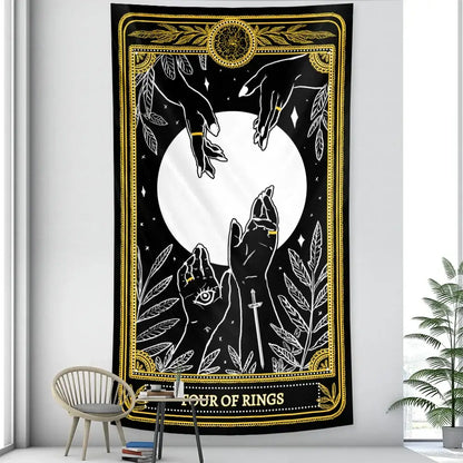 Black and gold vintage tarot witchcraft tapestry with white moon and mystical hands for bedroom wall decorbites black decor