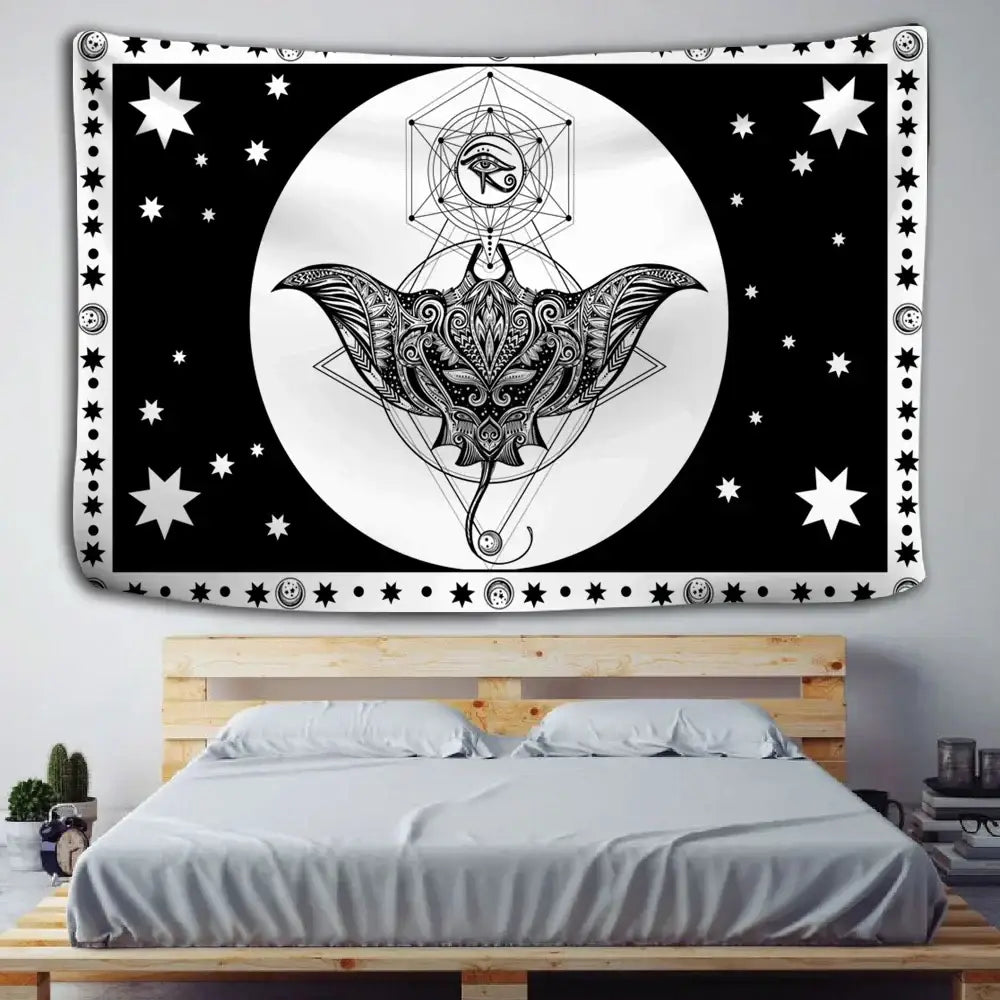 Black and white tarot witchcraft tapestry featuring an intricate bat design with geometric patterns for wall decorbites black decor