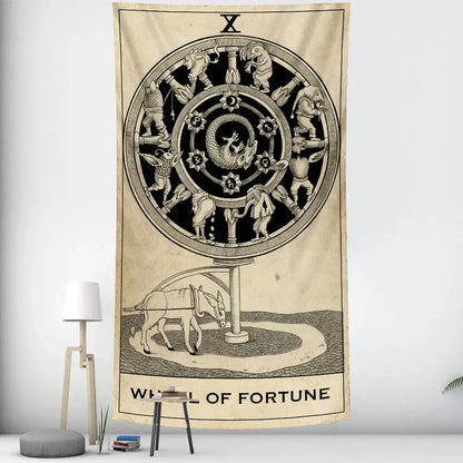 Vintage wheel of fortune tarot witchcraft tapestry in beige with black and white detailed illustration for bedroom decorbites black