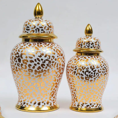 Elegant white ceramic checkmate jar with gold mosaic detailing and leopard print for decorbites leopard print decor