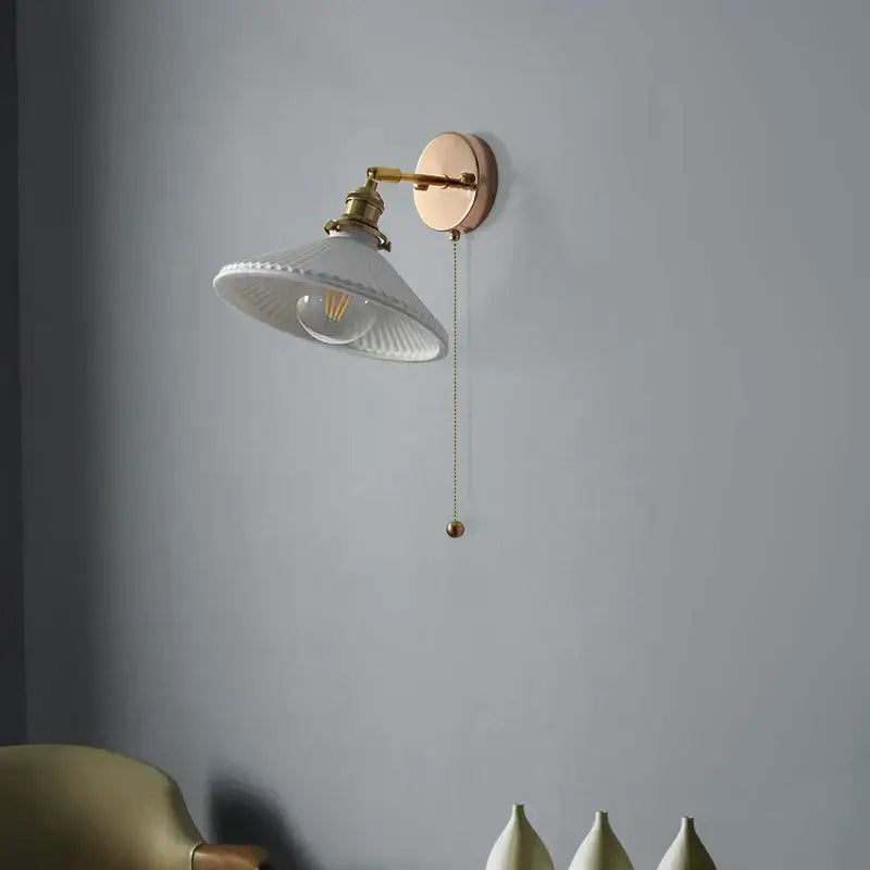 Vintage white ceramic and brass wall sconce with decorbites copper canopy led for bedroom lighting decor