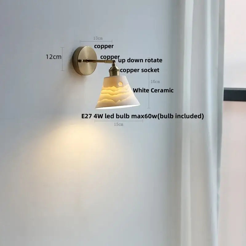 Vintage white ceramic and copper canopy led wall sconce with copper finish and subtle wave-like texture for bedroom decorbites copper canopy