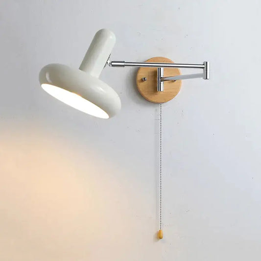 Vintage white ceramic and wood rocker arm wall lamp with adjustable cream wind rocker head and pull-chain switch for decorbites cream wind