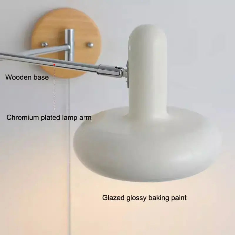 Vintage white ceramic and wood wall lamp with white glazed glossy baking paint shade and chrome cream rocker arm