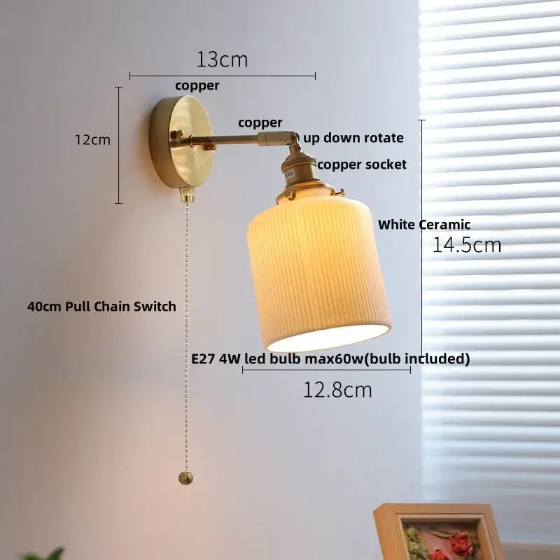 Vintage white ceramic canopy led wall sconce with copper finish and vertical ridges for bedroom decorbites ceramic canopy