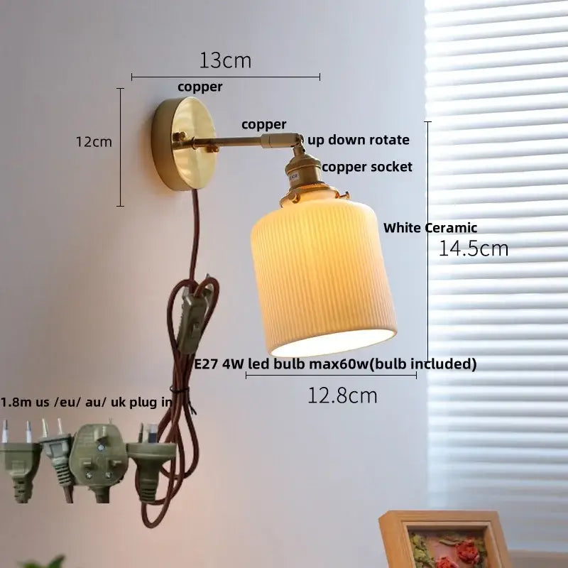Vintage white ceramic canopy led wall sconce with copper finish and vertical ridges for bedroom decorbites ceramic canopy