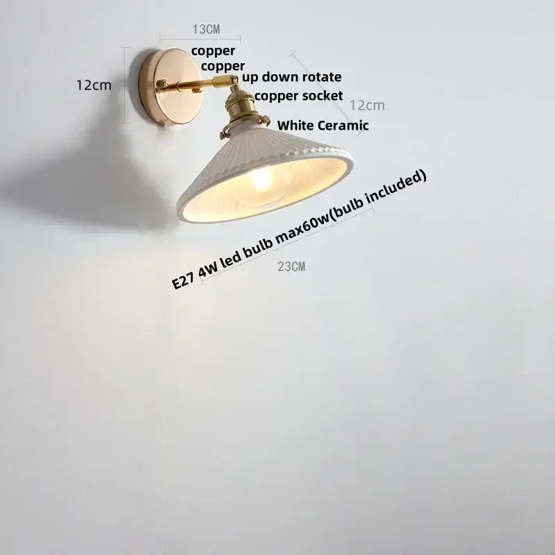 Copper-finished vintage white ceramic canopy led wall sconce with subtle vertical ridges for bedroom decorbites ceramic canopy