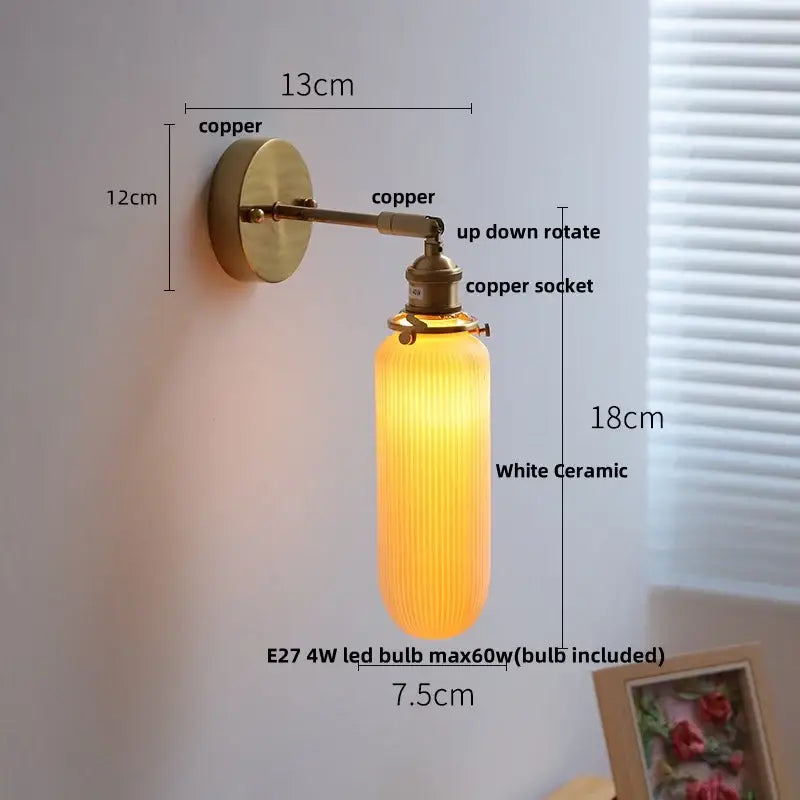 Vintage white ceramic canopy led wall sconce with copper finish and vertically ribbed lampshade for bedroom decorbites ceramic canopy