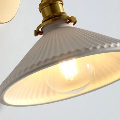 Vintage white ceramic canopy led wall sconce with ribbed design brass fixture and exposed bulb for bedroom decorbites ceramic canopy