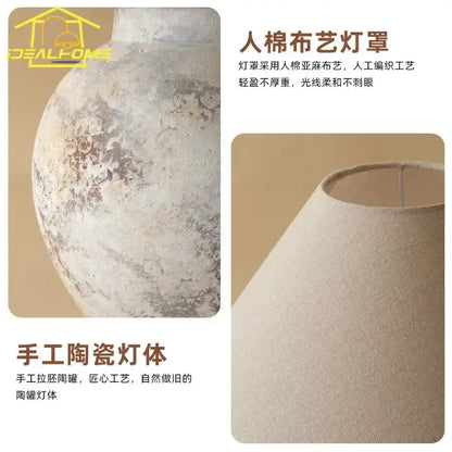 Handcrafted vintage white and gray ceramic led table lamp with rustic finish and beige cotton-linen shade for decorbites decor