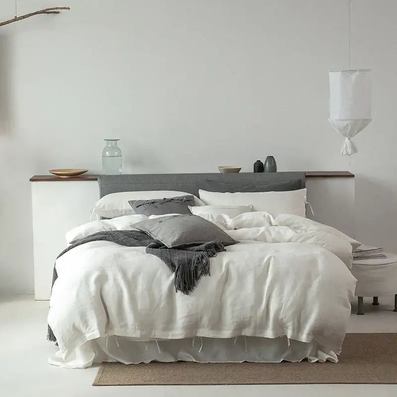 White linen bedding set with gray accent pillows and matching throw blanket vintage linen bedding for bedroom