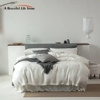 White linen bedding set with gray accent pillows and matching throw blanket vintage linen bedding for bedroom