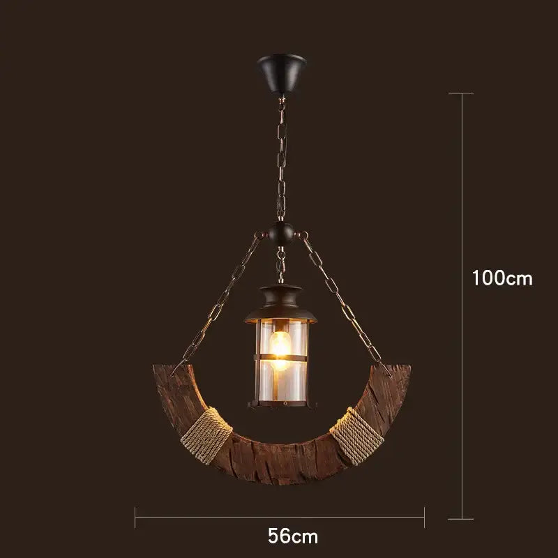 Rustic vintage wood ceiling chandelier with curved wooden frame, rope accents, amber glass shade, and metal chains hanging