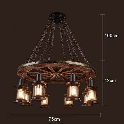 Rustic vintage wood ceiling chandelier with wooden wagon wheel design wrought iron chains and lantern-style lights