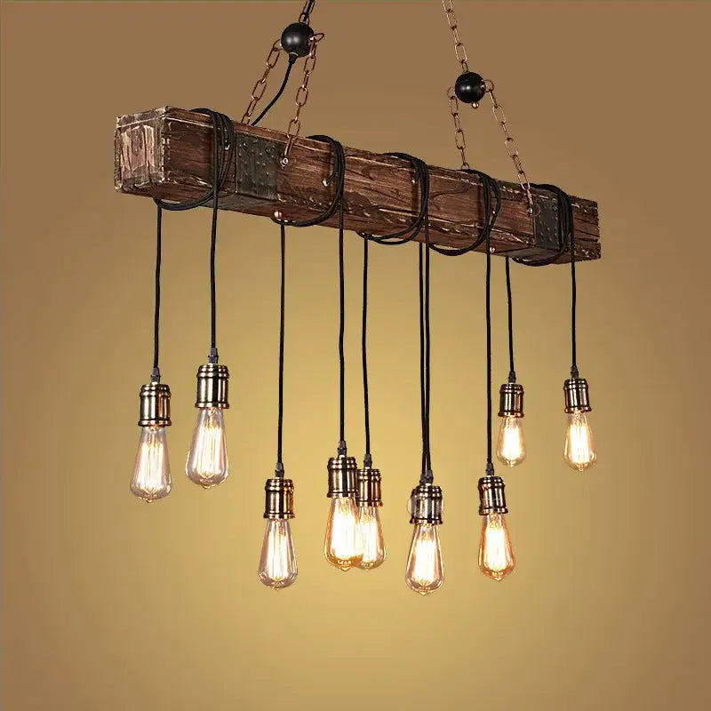 Rustic vintage wood ceiling chandelier with wooden beams and exposed edison bulbs hanging from black chains