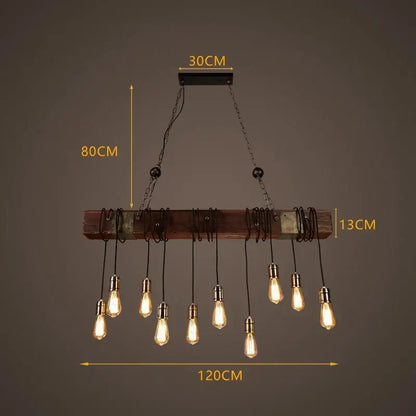 Industrial vintage wood ceiling chandelier with dark wood beam black metal chains and exposed edison bulbs for dining room