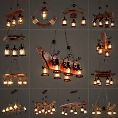 Vintage wood ceiling chandelier with rustic wooden frame, metal accents, and multiple lantern-style bulbs for dining room