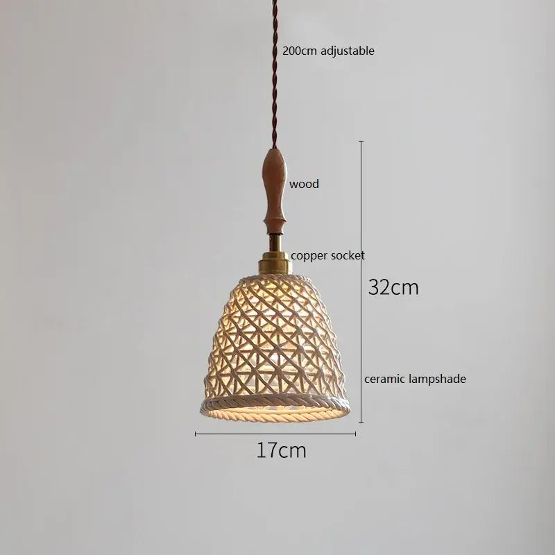 A warm-toned vintage woven rattan ceramic led pendant light with geometric lattice design for dining room decorbites ceramic led pendant
