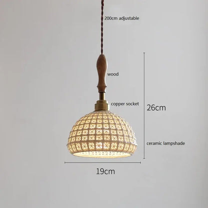 A warm-toned vintage woven rattan ceramic led pendant light with wooden handle and copper socket for dining room decor