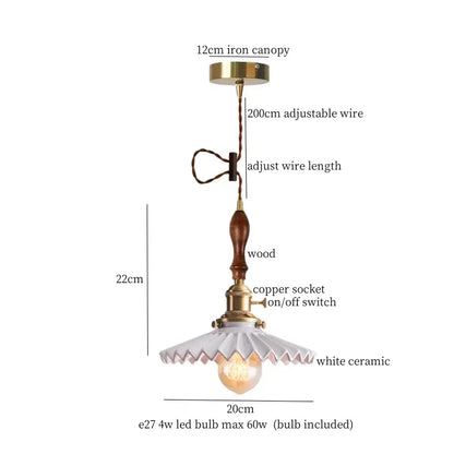 Vintage yellow ribbed glass led pendant lights with brass iron canopy wooden handle and ceramic led pendant shade for kitchen