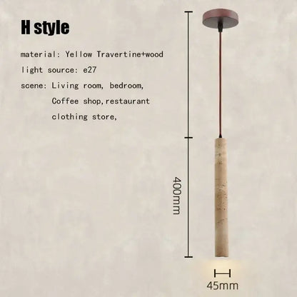 Yellow travertine and wood h-style pendant light with matte copper ceiling fixture for elegant wabi sabi decorbites design