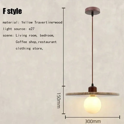 Yellow travertine wood pendant light with warm glow and rustic brown metal accents for elegant wabi sabi decorbites
