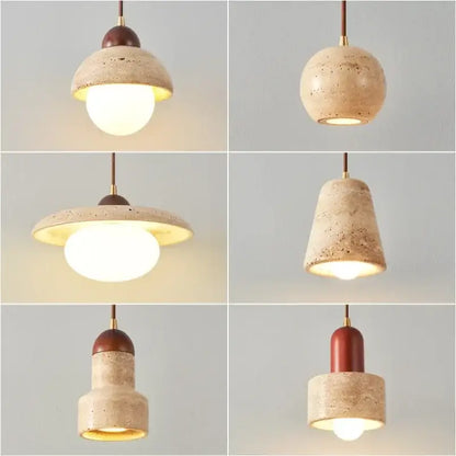 Beige speckled concrete pendant light with brass accents and warm glow for decorbites elegant wabi dining room decor