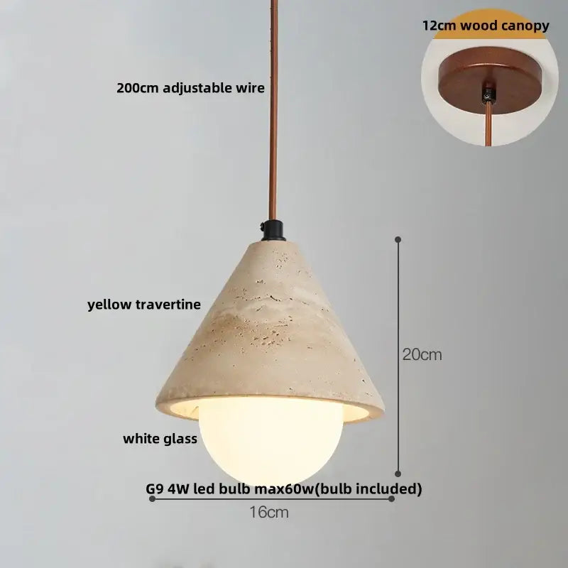 Wabi sabi beige and brown pendant light fixture with textured yellow travertine shade and copper wire suspension for living room