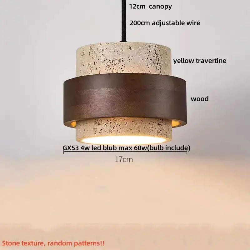 Wabi sabi beige and brown pendant light fixture with stacked yellow travertine and dark wood rings for living room