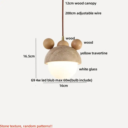 Wabi sabi beige and brown pendant light fixture with textured yellow travertine body, wooden ears, and white glass shade