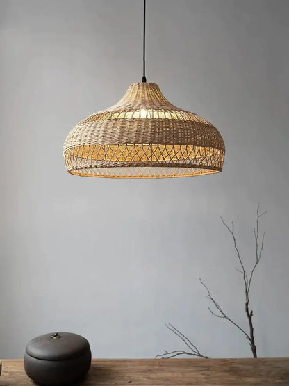 Wabi sabi beige bamboo rattan pendant light with intricate geometric patterns for dining room decorbites bamboo rattan pendant