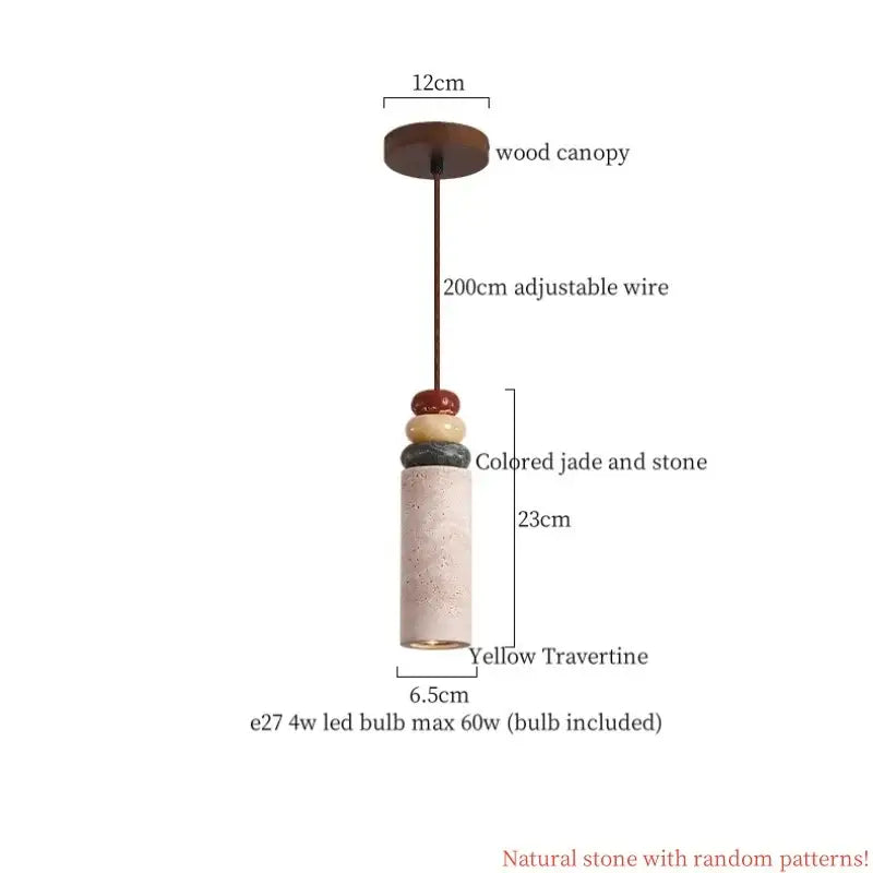 Wabi sabi beige cement pendant light with yellow travertine cylinder and jade stone bead accents for dining room decorbites cement pendant
