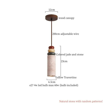 Wabi sabi beige cement pendant light with yellow travertine cylinder and jade stone bead accents for dining room decorbites cement pendant