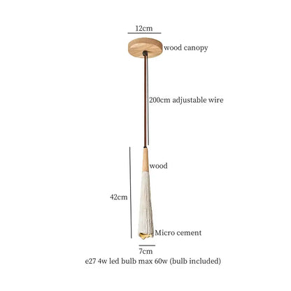 Wabi sabi beige cement pendant light with wood top and bronze stem featuring textured white shade for dining room decorbites cement pendant