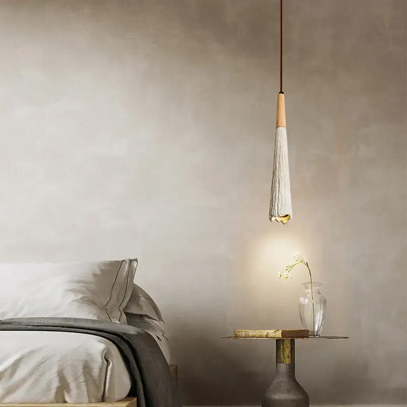 Wabi sabi beige cement pendant light with wooden top and textured fabric body for dining room decorbites cement pendant