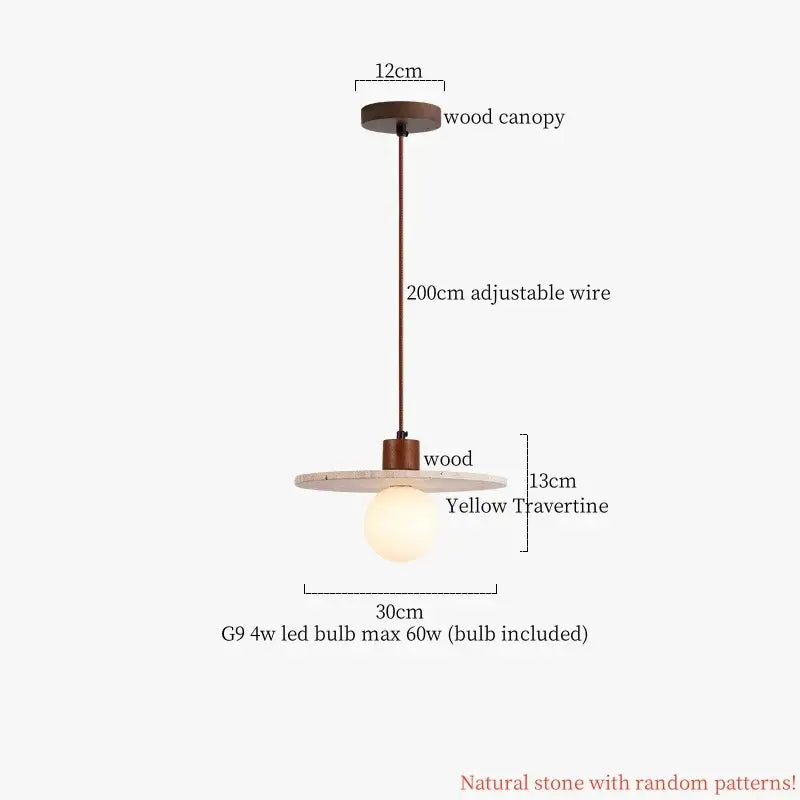 Wabi sabi beige cement pendant light with warm wood canopy, bronze wire, and yellow travertine stone shade decorbites cement pendant