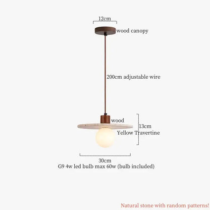 Wabi sabi beige cement pendant light with warm wood canopy, bronze wire, and yellow travertine stone shade decorbites cement pendant