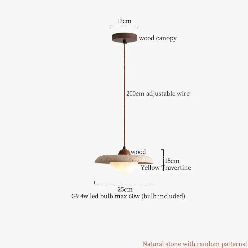 Wabi sabi beige cement pendant light featuring a warm yellow travertine stone shade and adjustable bronze wire decorbites cement pendant
