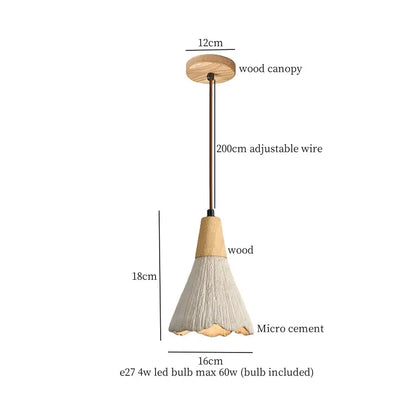 Wabi sabi beige cement pendant light with natural wood canopy and adjustable wire for dining room decorbites cement pendant