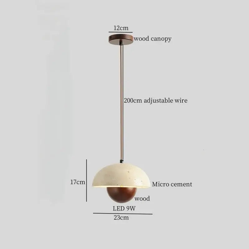 Wabi sabi beige decorbites cement pendant light with off-white micro cement dome and wood top for dining room decor
