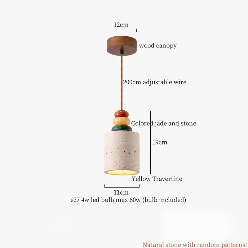 Wabi sabi beige cement pendant light with wooden canopy and yellow travertine shade for dining room decorbites cement pendant