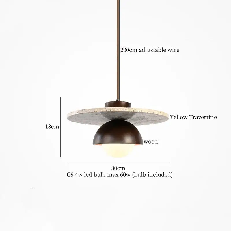 Wabi sabi beige cement pendant light with circular yellow travertine disc and dark bronze dome for dining room decorbites cement pendant