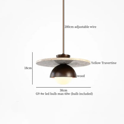 Wabi sabi beige cement pendant light with circular yellow travertine disc and dark bronze dome for dining room decorbites cement pendant