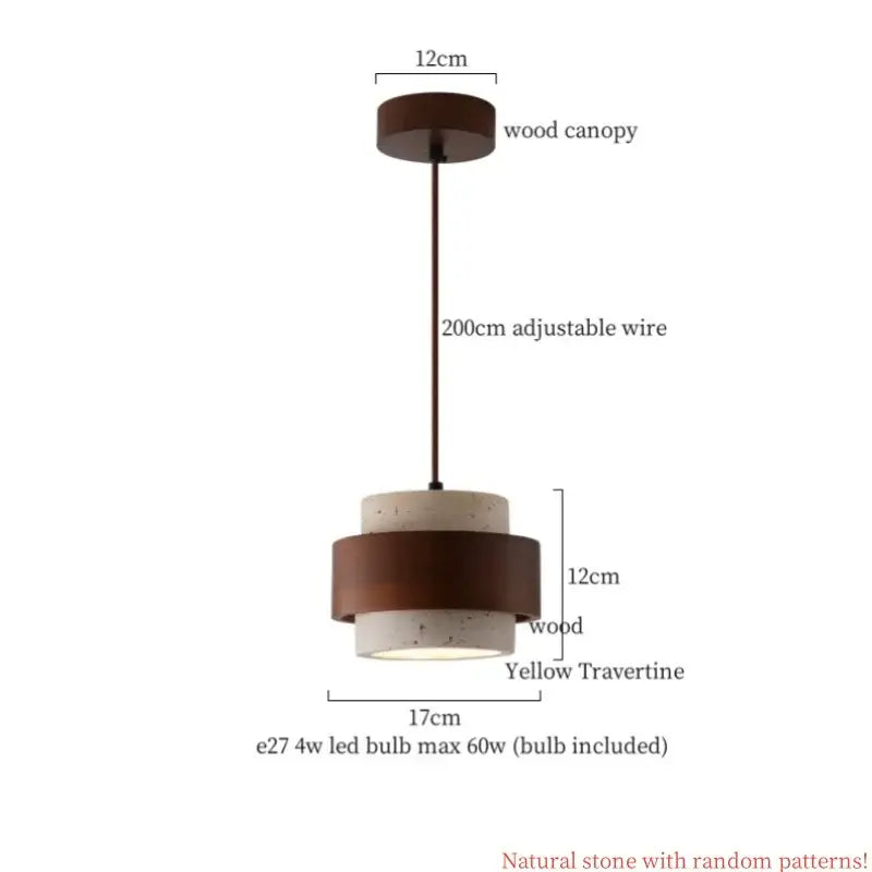 Wabi sabi beige cement pendant light with dark wood canopy and yellow travertine rings for dining room decorbites cement pendant