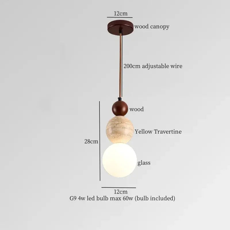Wabi sabi beige cement pendant light with dark wood canopy and layered yellow travertine spheres for dining room decorbites cement pendant