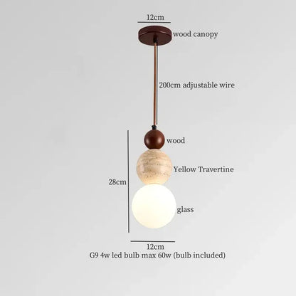 Wabi sabi beige cement pendant light with dark wood canopy and layered yellow travertine spheres for dining room decorbites cement pendant